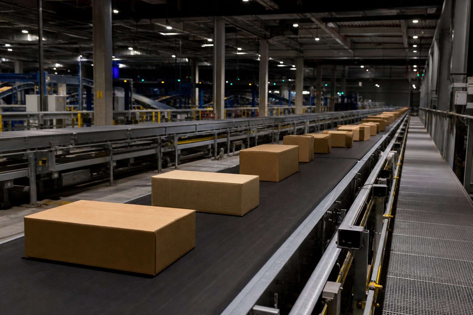 Kartonnen pakketten op een lange transportband in een groot distributiecentrum bij nacht