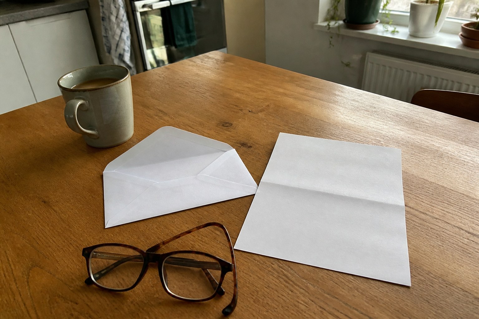 Geopende envelop met een officieel ogende brief op een keukentafel naast een leesbril