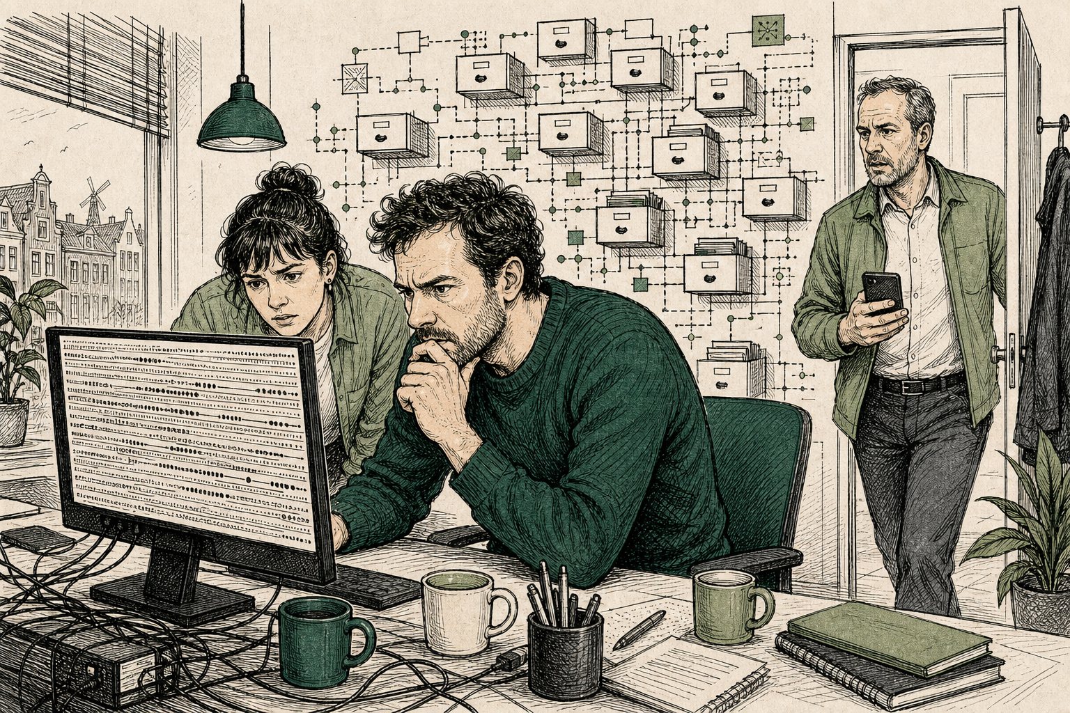 Illustratie: twee ICT-medewerkers kijken samen naar een scherm vol bestandslijsten.