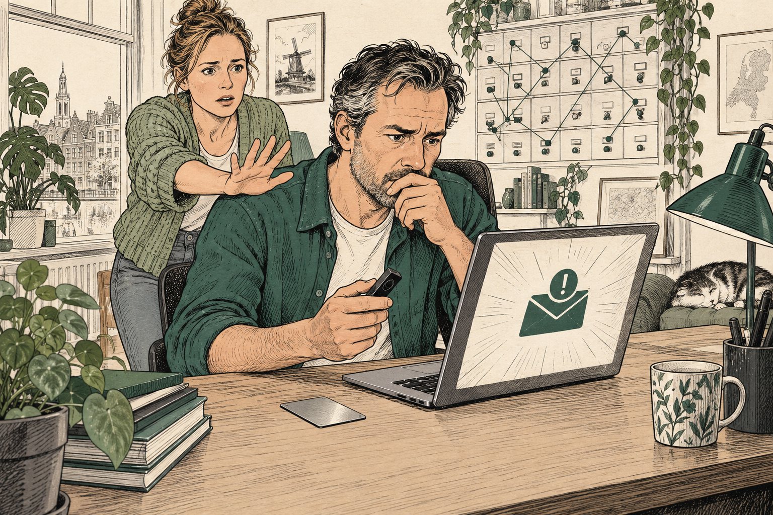Man met hardware wallet leest een dringende mail terwijl zijn partner hem tegenhoudt