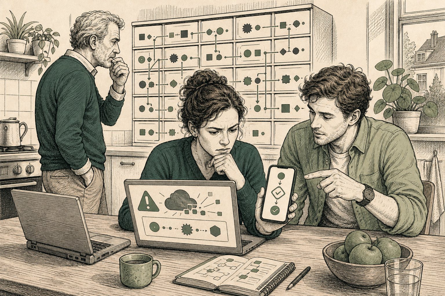 Lijnillustratie van een vrouw die aan de keukentafel een beveiligingsmelding leest terwijl een ander naar haar telefoon wijst