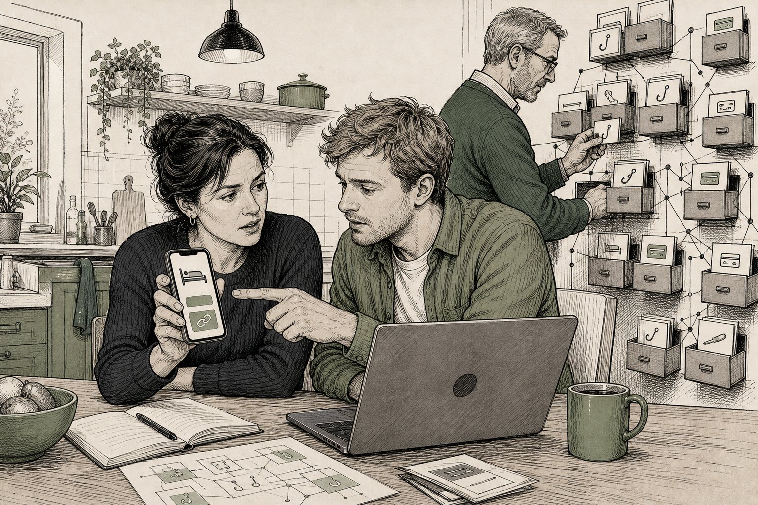 Een vrouw laat aan de keukentafel een bericht op haar telefoon zien terwijl een man de betaallink naast een laptopscherm legt