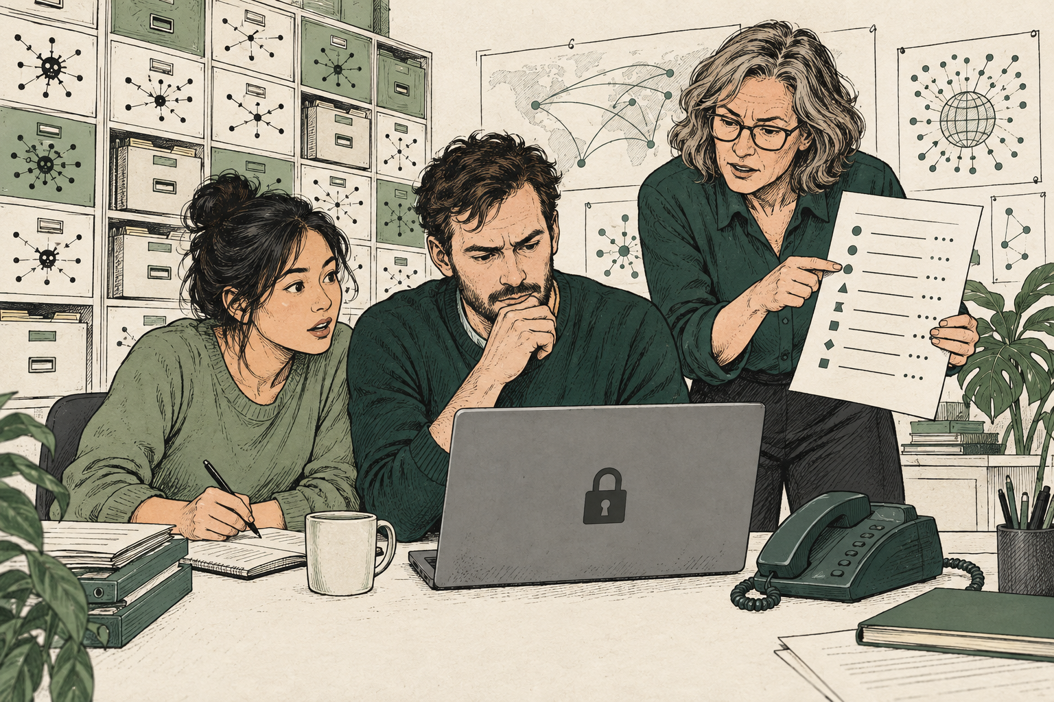 Illustratie van drie medewerkers bij een bureau die een telefoontje en een klantenbestand nalopen na een datalek