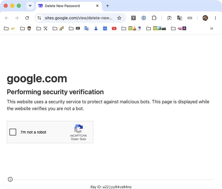 Screenshot van een beveiligingscontrole op Google Sites die op een CAPTCHA lijkt